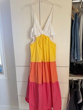 Hausen Colour block Tiered Maxi Dress - White, Yellow, Orange, Pink